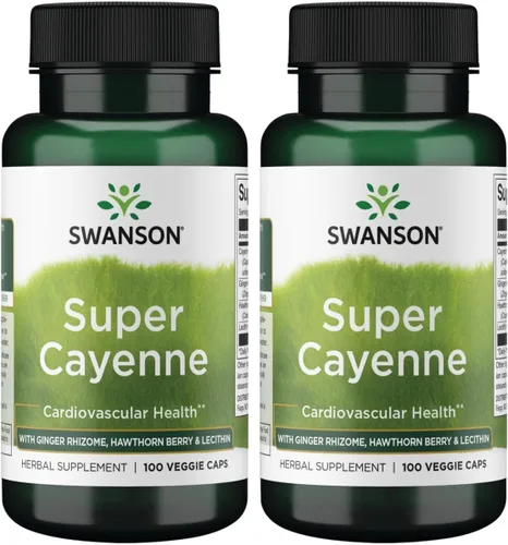 Vista 2 de Swanson Super Cayenne - con rizoma de jengibre, baya de espino y lecitina 100 cápsulas vegetales Powerful Herbal Heart Health Support for Healthy