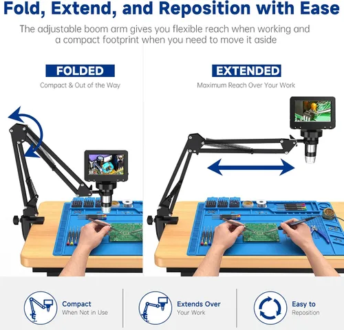 Vista 4 de 4.3 Inch Digital Soldering Microscope with C-Clamp For PCB repair and soldering checks; compact clamp setup keeps both hands free, and the screen