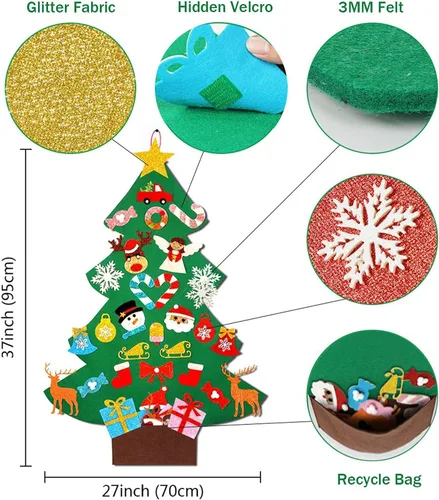 Vista 2 de OurWarm Árbol de Navidad de fieltro para niños, decoraciones de Navidad de 3 pies para niños pequeños con 30 adornos de purpurina, árbol de Navidad