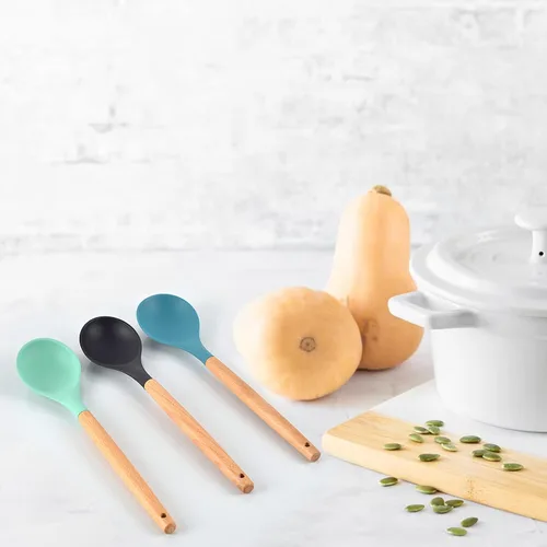 Vista 5 de 3 cucharas grandes de silicona para mezclar con mango de madera, antiadherentes, resistentes al calor, herramientas de mezcla de cocina