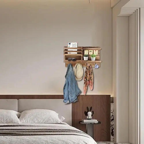 Vista 6 de Porta Llaves de Pared, Organizador de Llaves y Correo de Madera Sólida para Pared (Autoadhesivo o con Taladro), 8 Ganchos para Llavero para Entrada