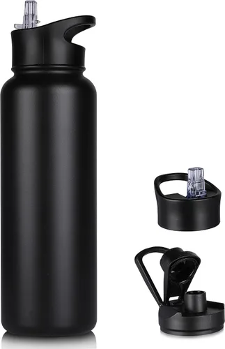 Vista 10 de Botella de agua aislada de 64 onzas con tapas de pajita y boquilla, jarra de agua de acero inoxidable de medio galón con mango de paracord, vacío
