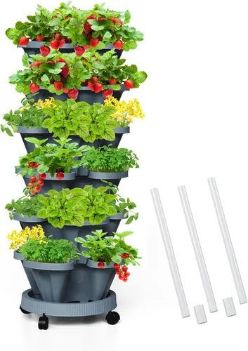 Vista 35 de Macetas verticales de fresa, paquete de 2 unidades, torre apilable de 5 niveles con poste de soporte, macetas apilables para hierbas y verduras
