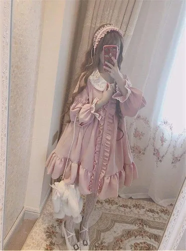 Vista 5 de Topin Lolita Vestido de princesa Kawaii de manga larga de gasa dulce con bolsa de conejo