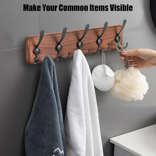 Vista 4 de Gohiuo Perchero Rústico para Montaje en Pared, Ganchos de Pared de Madera con 5 Ganchos Triples, Perchero de Madera Resistente para Colgar