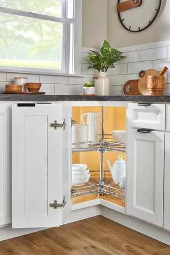 Vista 9 de Rev-A-Shelf Organizador Lazy Susan con doble estante en forma de riñón para gabinetes de cocina con base de esquina, bandejas giratorias de alambre