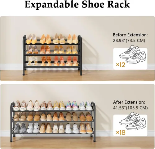 Vista 5 de Gewudraw Organizador de zapatos de 3 niveles, zapatero para armario, estante de metal de 28 pulgadas que se puede ampliar a 42 pulgadas