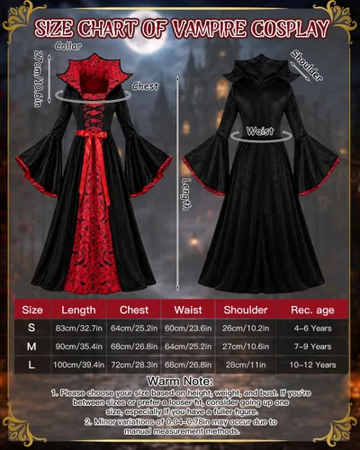 Vista 4 de Disfraz de vampiro para niñas de 4 a 12 años, conjunto de vestido gótico