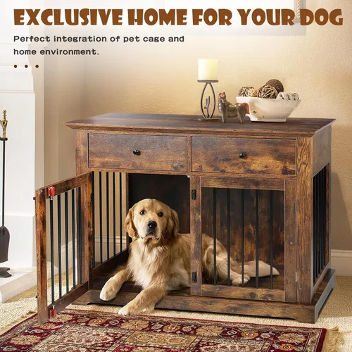 Vista 3 de LEMBERI Mueble de jaula para perros grande de 44 pulgadas, mesa auxiliar de madera para perros con cajones de almacenamiento, jaula decorativa