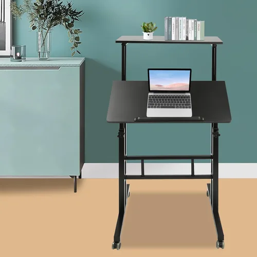 Vista 4 de Escritorio móvil de pie para computadora, estación de trabajo con ruedas universales, altura ajustable, doble panel inclinable, carrito