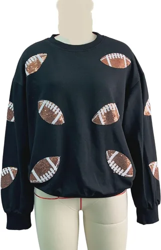 Vista 6 de Sudadera de fútbol americano con lentejuelas bordadas para mujer, ajuste holgado, casual, cuello redondo, manga larga, para el día del partido