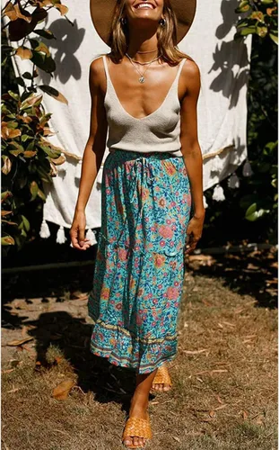 Vista 4 de MEROKEETY - Falda larga por debajo de la rodilla, acampanada y plisada de cintura alta con estampado floral bohemio y bolsillos para mujer