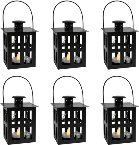 Vista 9 de HPC Decor - 6 mini linternas decorativas para centros de mesa de boda, faroles de velas de metal a granel con candelita LED y cuerda, decoración