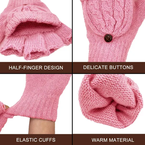 Vista 42 de Beurlike Guantes de invierno para mujer, de lana cálida, a prueba de viento, convertibles, sin dedos