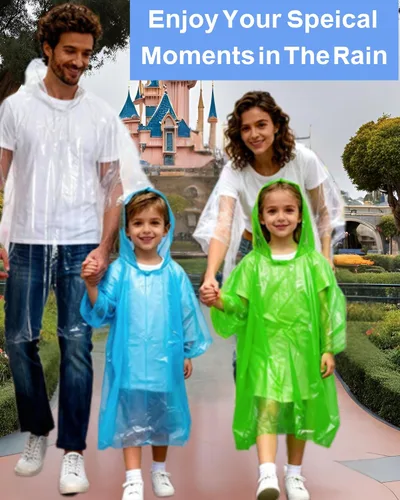 Vista 8 de Ponchos de lluvia para adultos, niños y familia 4, 8, 9 y 16 opciones de paquete Extra grueso, resistente al desgarro con capucha