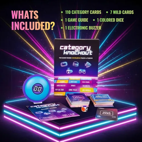 Vista 5 de Categoría Knockout: Juego de Trivia y Desafío de Palabras de Ritmo Rápido para Familias, Adultos y Niños — Buzzer + Dados, 100+ Cartas, Rondas