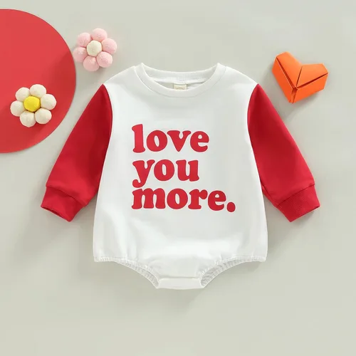 Vista 39 de SOLILOQUY Traje de manga larga con cuello redondo para el primer día de San Valentín para bebé niño y niña, mameluco de corazón de amor