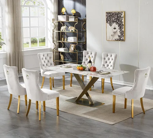 Vista 47 de Juego de 5 mesas de comedor, juego de mesa de cocina y comedor para 4, mesa de cocina rectangular de mármol sintético blanco de 47 pulgadas con base
