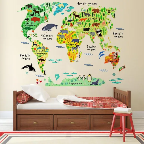 Vista 2 de Calcomanías de pared de mapa del mundo de animales para dormitorio y sala de estar