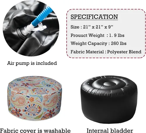Vista 3 de Kozyard Taburete otomano inflable – Puf redondo portátil para uso en interiores y exteriores – Reposapiés pequeño perfecto o asiento para niños