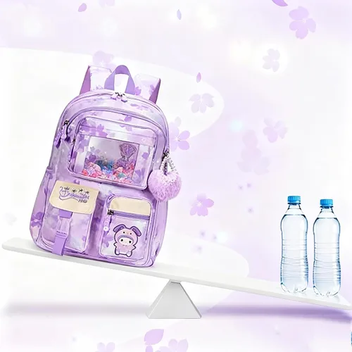 Vista 7 de Mochila Kawaii para niñas primaria primaria y media con múltiples bolsillos, bolsas casuales de viaje, Púrpura, Grande, dibujos animados