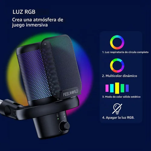 Vista 4 de FEELWORLD VM1 Micrófono USB para PC de juegos Micrófono condensador con cancelación de ruido Silencio Luz RGB, accesorios de computadora Regalos
