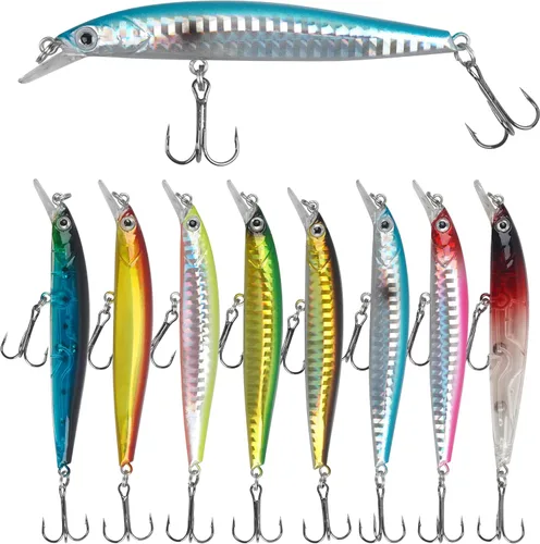 Vista 10 de Kit de señuelos de pesca, juego de cebos duros, pececillos, cebos de baño, lápiz de pesca artificial, kit de cebo de pesca para lubina, trucha