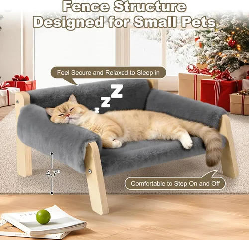 Vista 3 de FAMIDGE Sofá Cama de Gato Elevada para Gatos de Interior - Sofá de Mascotas de Madera con Funda Gruesa Lavable Removible Silla de Salón Elevada