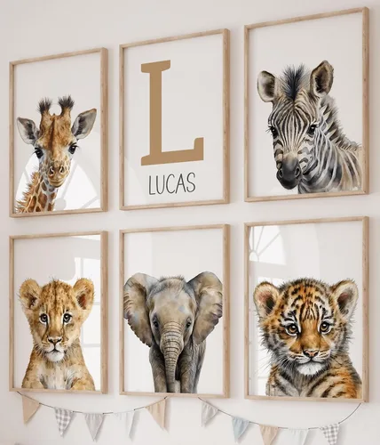 Vista 17 de Juego de 3 carteles personalizados de animales de safari para habitación de niños y niñas, sin marco, nombre personalizado, azul, verde, amarillo