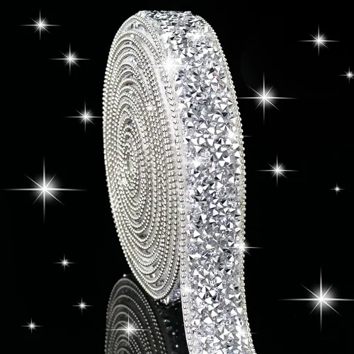 Vista 22 de Dowarm Cinta autoadhesiva de diamantes de imitación plateados, tiras brillantes para manualidades, decoración de bodas, 0.4 pulgadas de ancho
