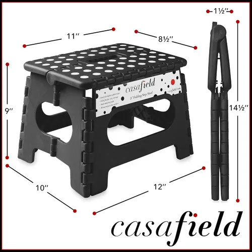 Vista 3 de Casafield Taburete plegable de 9 pulgadas con asa, negro, portátil, plegable, pequeño taburete de plástico para niños y adultos, uso en la cocina