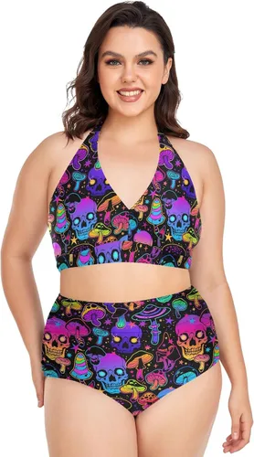 Vista 13 de Bikini de 2 piezas para mujer, talla grande, cintura alta, cuello halter, fruncido, control de abdomen Murciélagos Cruces Estrellas