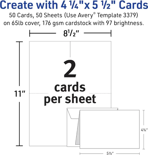 Vista 5 de Avery Tarjetas de notas imprimibles con sobres, 4.25 x 5.5 pulgadas, blanco texturizado, 50 tarjetas de notas en blanco para impresoras de inyección