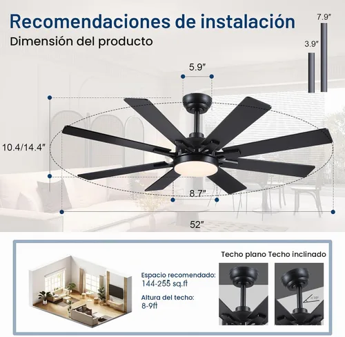 Vista 3 de Kviflon - Ventiladores de techo de 52 pulgadas con luces y control remoto/APP, ventilador de techo moderno para dormitorio, sala de estar, patio