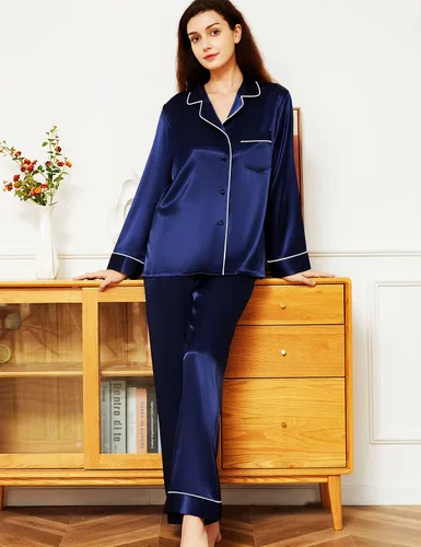 Vista 2 de Conjunto de pijama de satén para mujer, camisa de manga larga con botones y pantalón largo