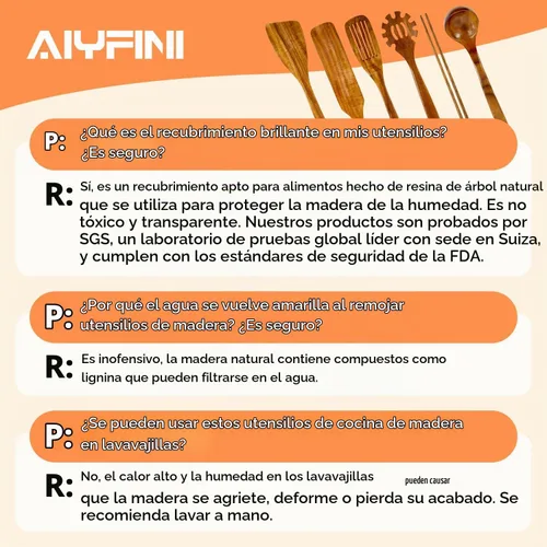 Vista 8 de Utensilios de madera no tóxicos para cocinar - Acacia natural y sin pegamento, juego de espátulas grandes de 15.4" con mango largo resistente al