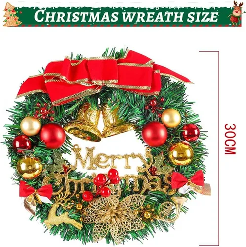 Vista 6 de Corona de Navidad artificial preiluminada, 12 pulgadas para puerta delantera, decoración de invierno de vacaciones con luces LED a