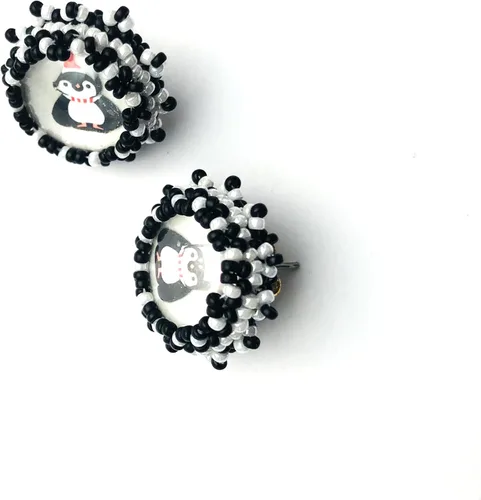 Vista 3 de Winter Jewelry black and white Beadwoven Miniature Penguin post Earrings/or Pendant Nature Statement Necklace black Chain
