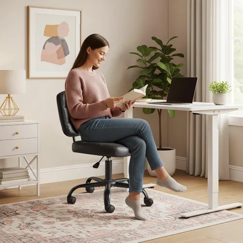 Vista 5 de VINGLI Silla de escritorio compacta y pequeña, linda silla sin brazos con ruedas, silla de tocador con respaldo bajo, silla de tarea ajustable