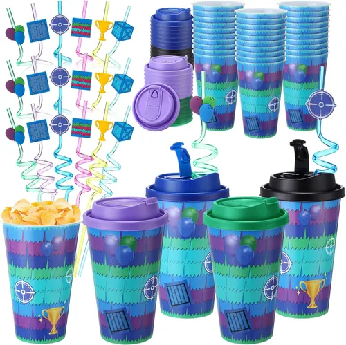 Vista 13 de Yungyan 16 juegos de tazas de golosinas con tapas y pajitas para decoraciones de cumpleaños, reutilizables, 16 onzas, vasos de plástico para dulces
