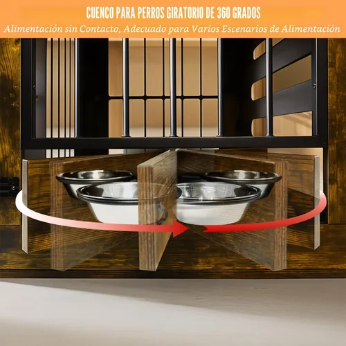 Vista 6 de Mueble de jaula para perros pequeños y medianos, perrera de metal de madera resistente para interiores con cuencos, jaula decorativa para mascotas