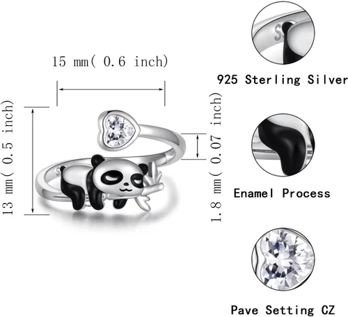 Vista 6 de Sterling Silver CatPugElephantPandaAxolotlUnicornCow Rings Adjustable Cute Animal Hypoallergenic Ring Jewelry Gift for Women Daughter