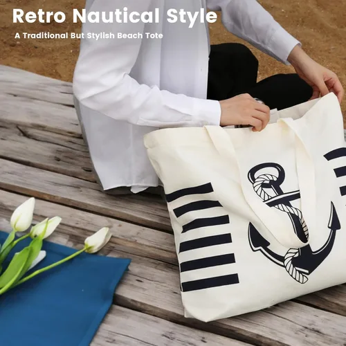 Vista 6 de Bolsa de lona con diseño náutico de anclaje con bolsillo interior, cremallera superior, bolsas de comestibles reutilizables para mujeres, playa