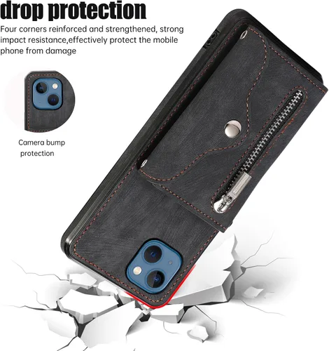 Vista 7 de Funda para iPhone 13 de 6.1 pulgadas con protector de pantalla de vidrio templado, correa cruzada para muñeca, soporte para tarjeta de crédito