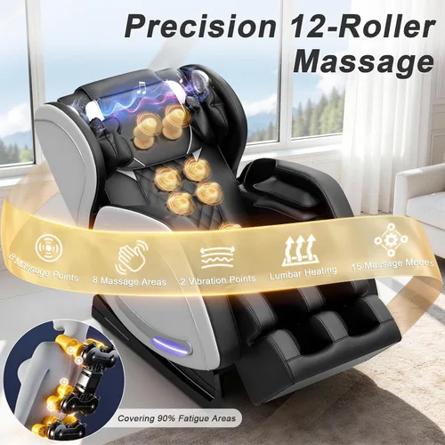 Vista 5 de Megashock SL Track 2026 Silla de masaje de cuerpo completo, silla de masaje de gravedad cero con calor trasero, 12 rodillos fijos, masaje de pies