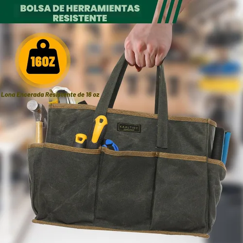 Vista 4 de Bolsa de herramientas de lona encerada resistente de 16 onzas, bolsa de herramientas de jardín Bolsa portátil de almacenamiento de herramientas