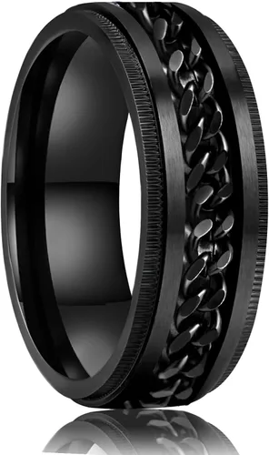 Vista 14 de LAOYOU Anillo giratorio para hombre para alivio de la ansiedad 0.315 in de acero inoxidable negro anillo de ansiedad con incrustaciones de cadena