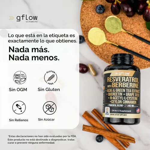 Vista 8 de gflow vitamins Suplemento de Resveratrol con Berberina, Extracto de Té Verde, Canela de Ceilán, Semilla de Uva y Quercetina 1000mg de Quercetina, N