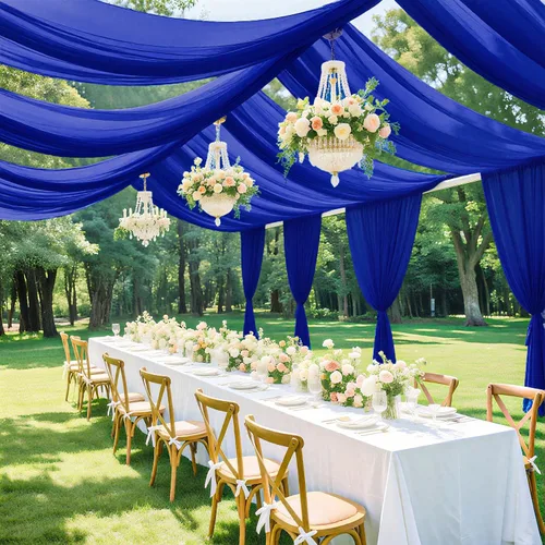 Vista 12 de Cortinas de techo blancas para fiestas, tela drapeada, 5 x 20 pies, 2 paneles de cortinas de boda para techo, cortinas de techo de gasa, cortinas