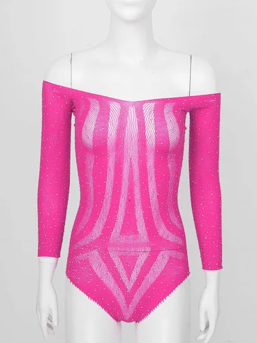 Vista 3 de ACSUSS Mujeres Sexy Off Hombro Body Brillante Con Lentejuelas Malla Bodystockings Babydoll Ropa